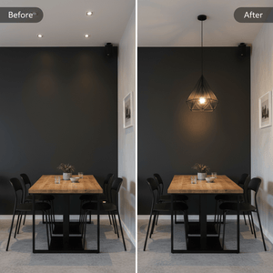 Before and after comparison of a dining area featuring the Metal Pendant Pythag light.