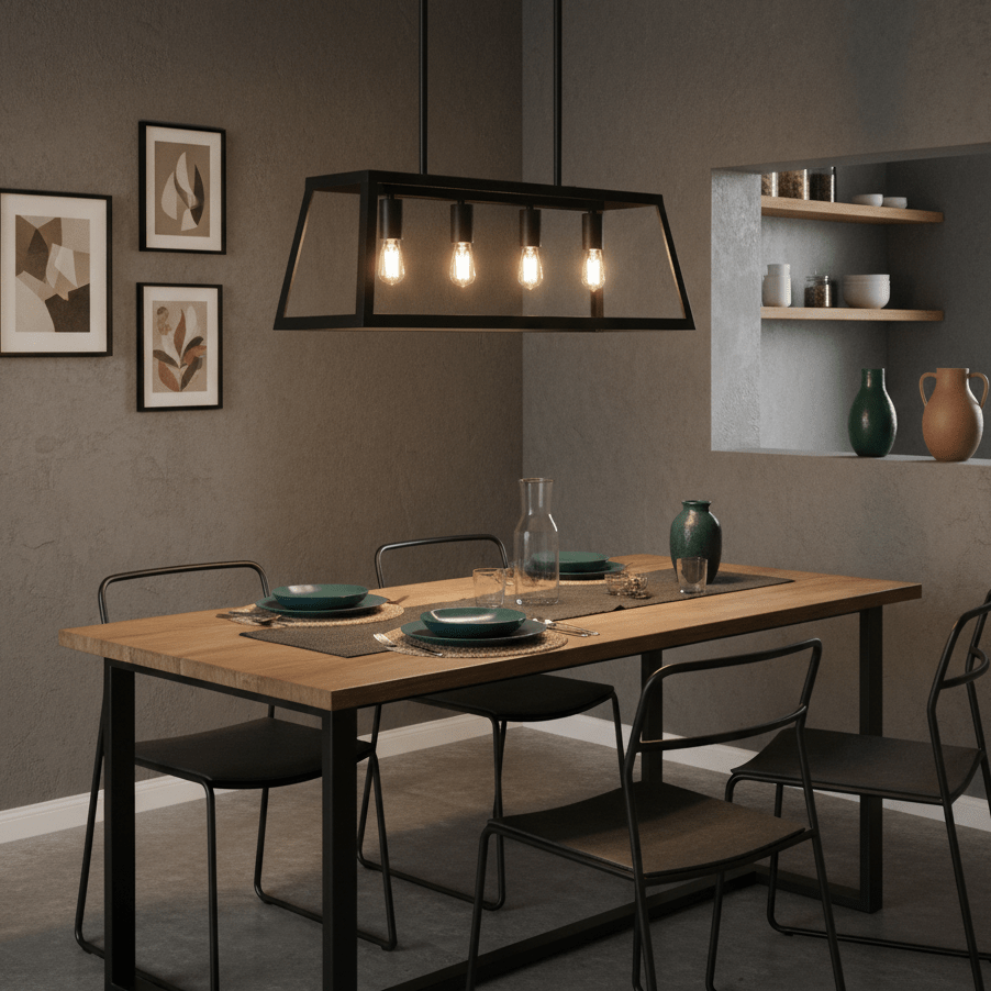 Black 4-light pendant hanging above a wooden dining table set with plates and glassware in a modern interior.