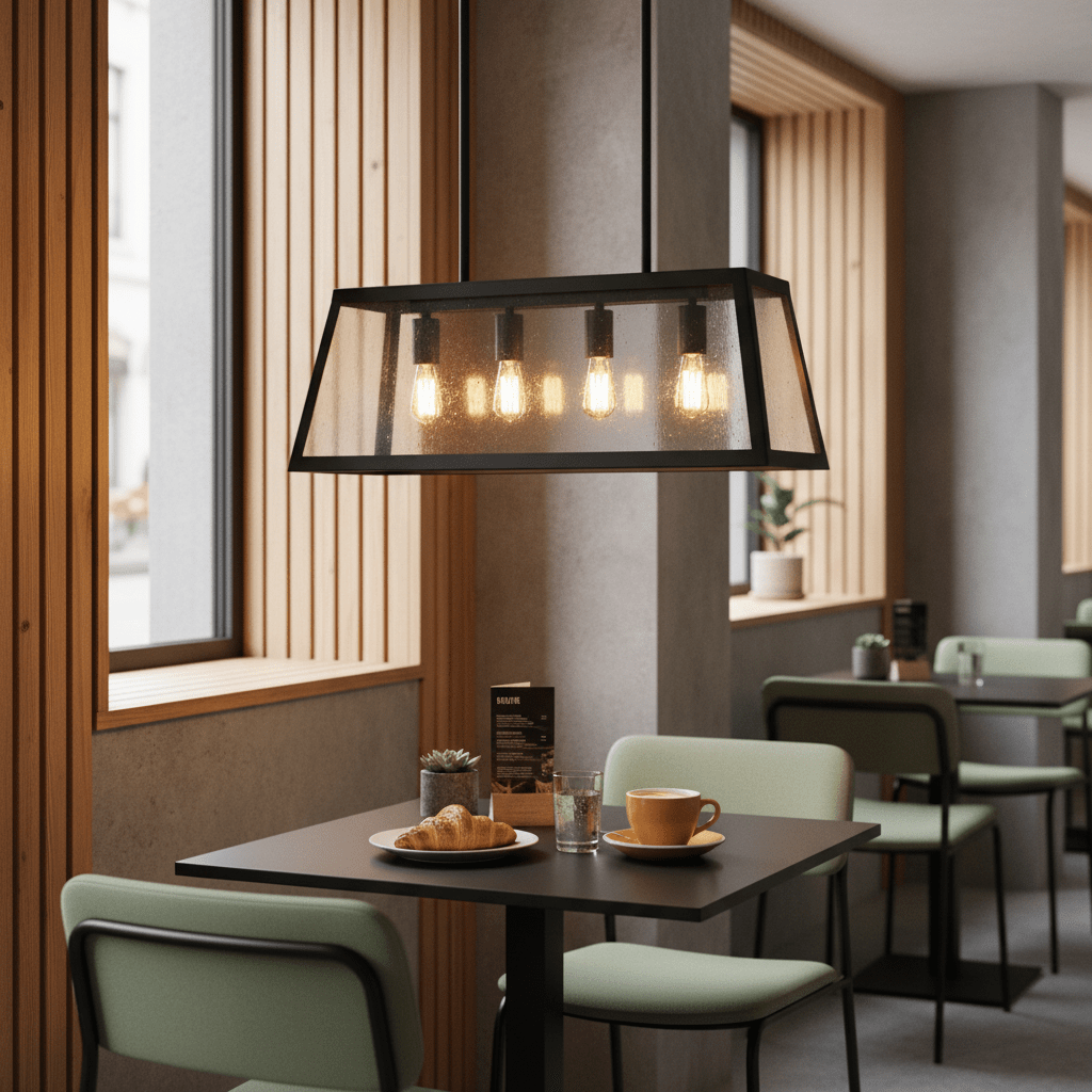 Black 4-light pendant hanging above a dining table with coffee, croissant, and glass of water.