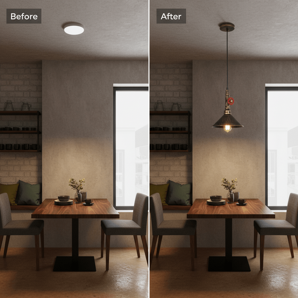 Comparison image showing a dining area before and after installing a pendant light, highlighting improved ambiance.