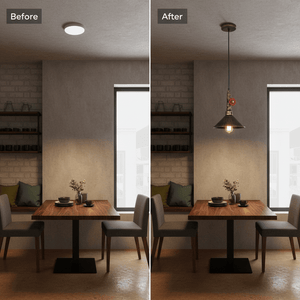 Comparison image showing a dining area before and after installing a pendant light, highlighting improved ambiance.