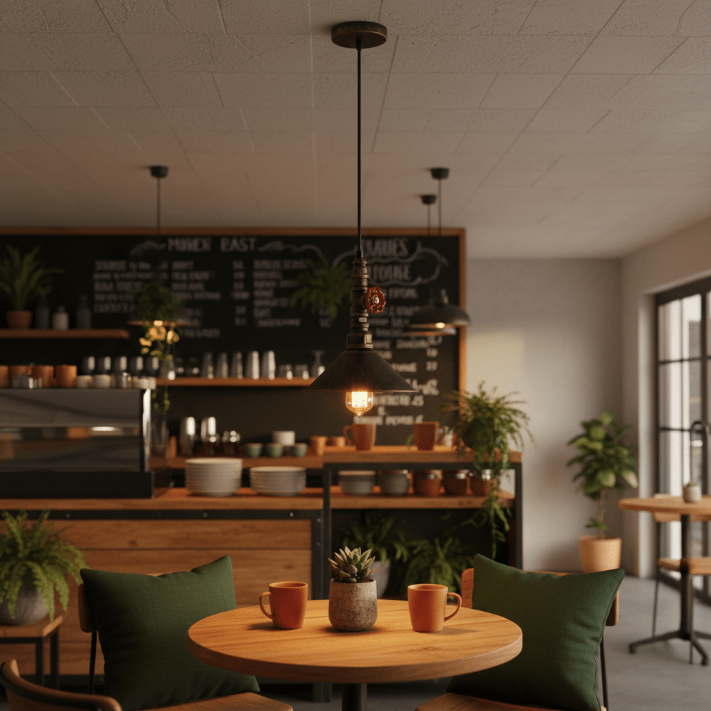 Aluminium pendant light hanging over a wooden dining table with green cushions and plants in a café setting.