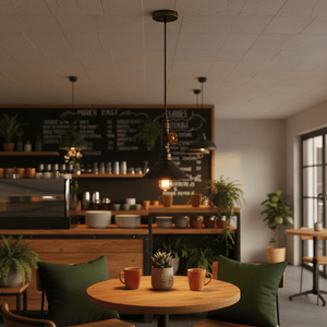 Aluminium pendant light hanging over a wooden dining table with green cushions and plants in a café setting.
