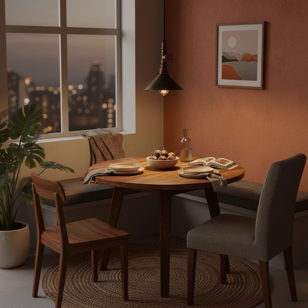 Aluminium pendant light hanging over a wooden dining table set with plates and a bowl of fruit.