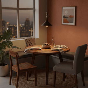 Aluminium pendant light hanging over a wooden dining table set with plates and a bowl of fruit.