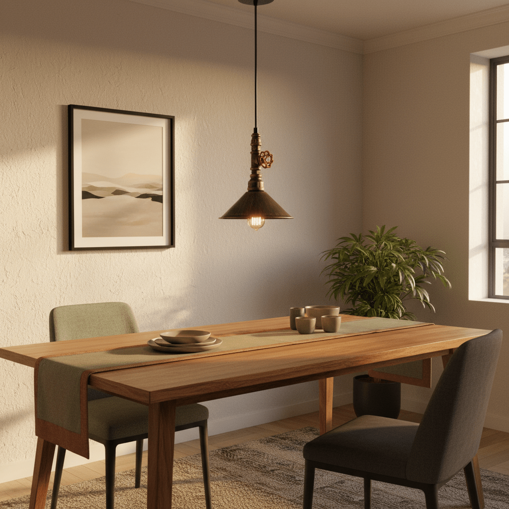 Aluminium pendant light hanging over a wooden dining table, complemented by green chairs and a plant.