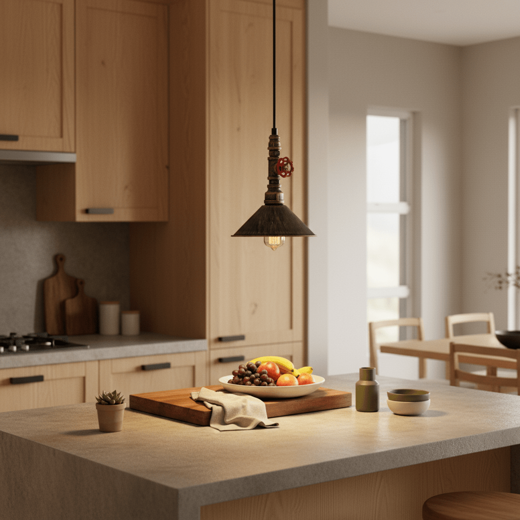 Aluminium pendant light hanging over a kitchen island with a fruit bowl and decorative items.