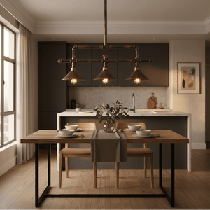Three-light aluminium pendant light hanging above a wooden dining table set with dishes, in a modern kitchen.