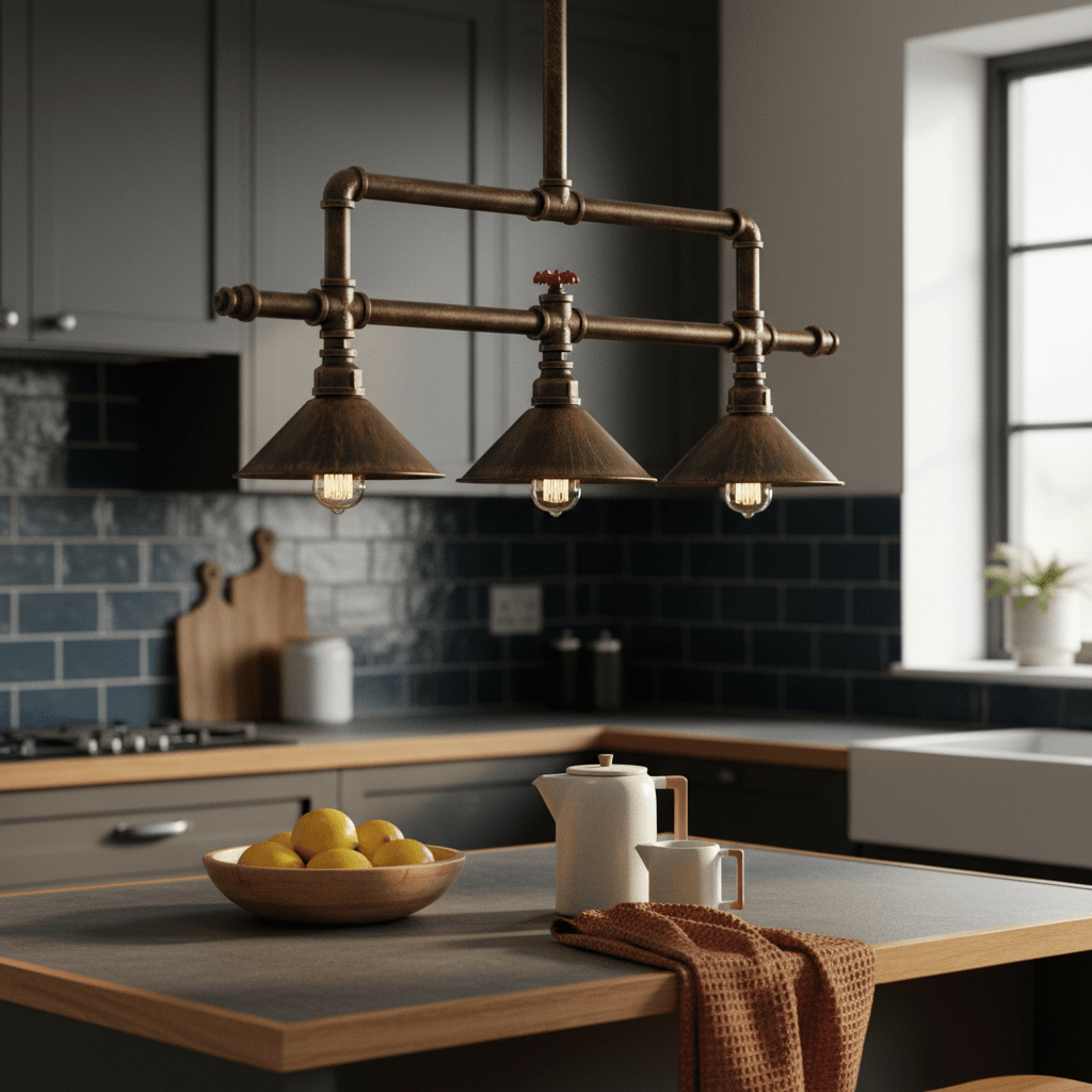 Three-light aluminium pendant light with a matt bronze finish hanging over a kitchen island, illuminating a bowl of lemons.