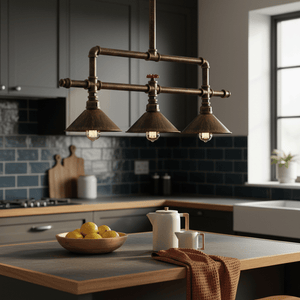 Three-light aluminium pendant light with a matt bronze finish hanging over a kitchen island, illuminating a bowl of lemons.