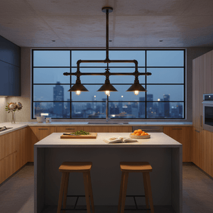 Three-light aluminium pendant light hanging above a kitchen island, illuminating a countertop with fresh ingredients.
