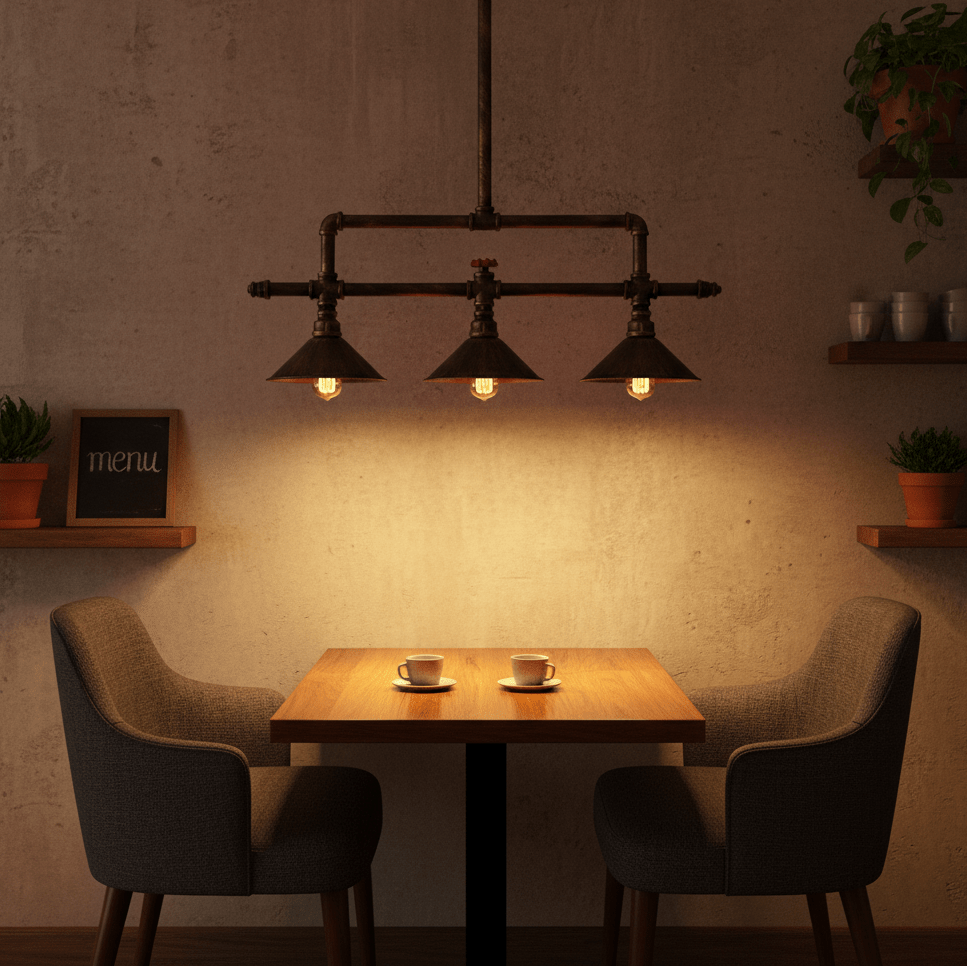 Three-light aluminium pendant light above a wooden dining table with two coffee cups, creating a warm ambiance.