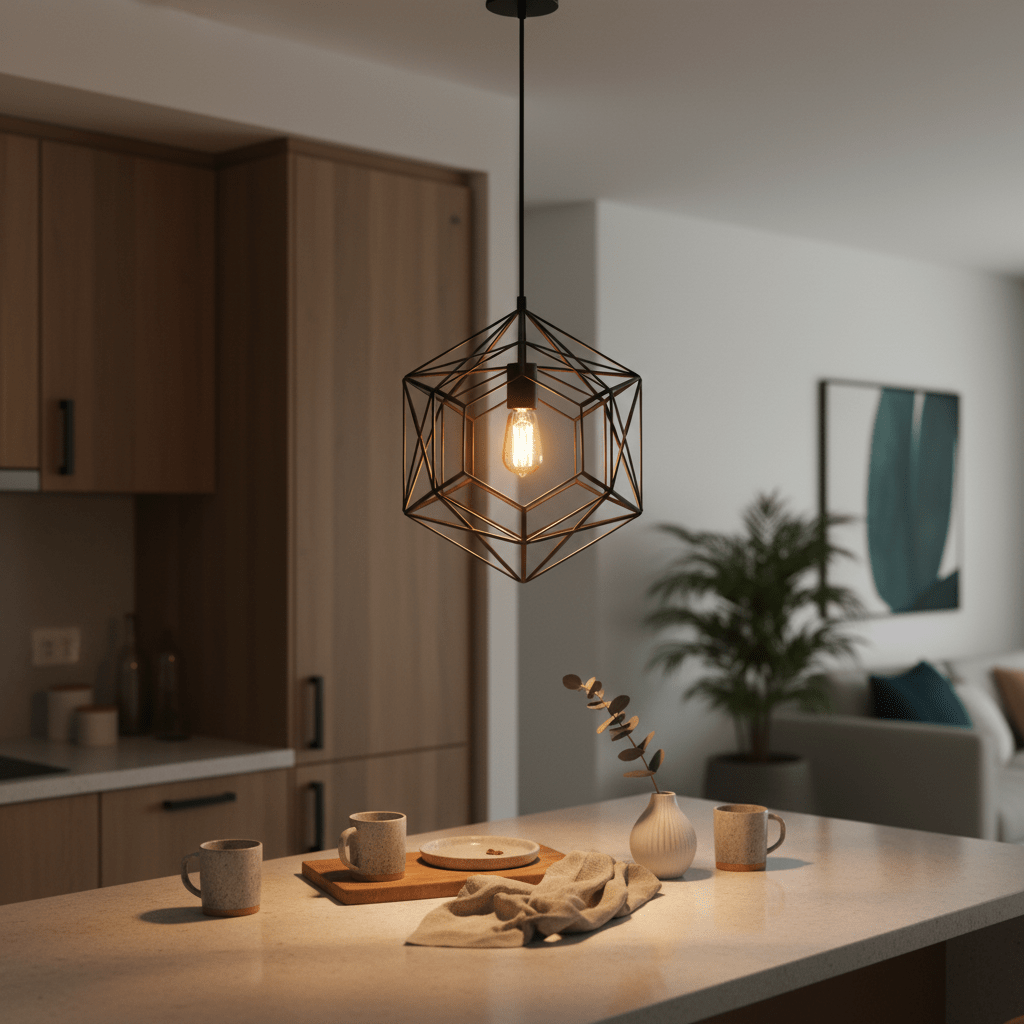 Black metal pendant light hanging over a kitchen island with mugs and a plate on the counter.
