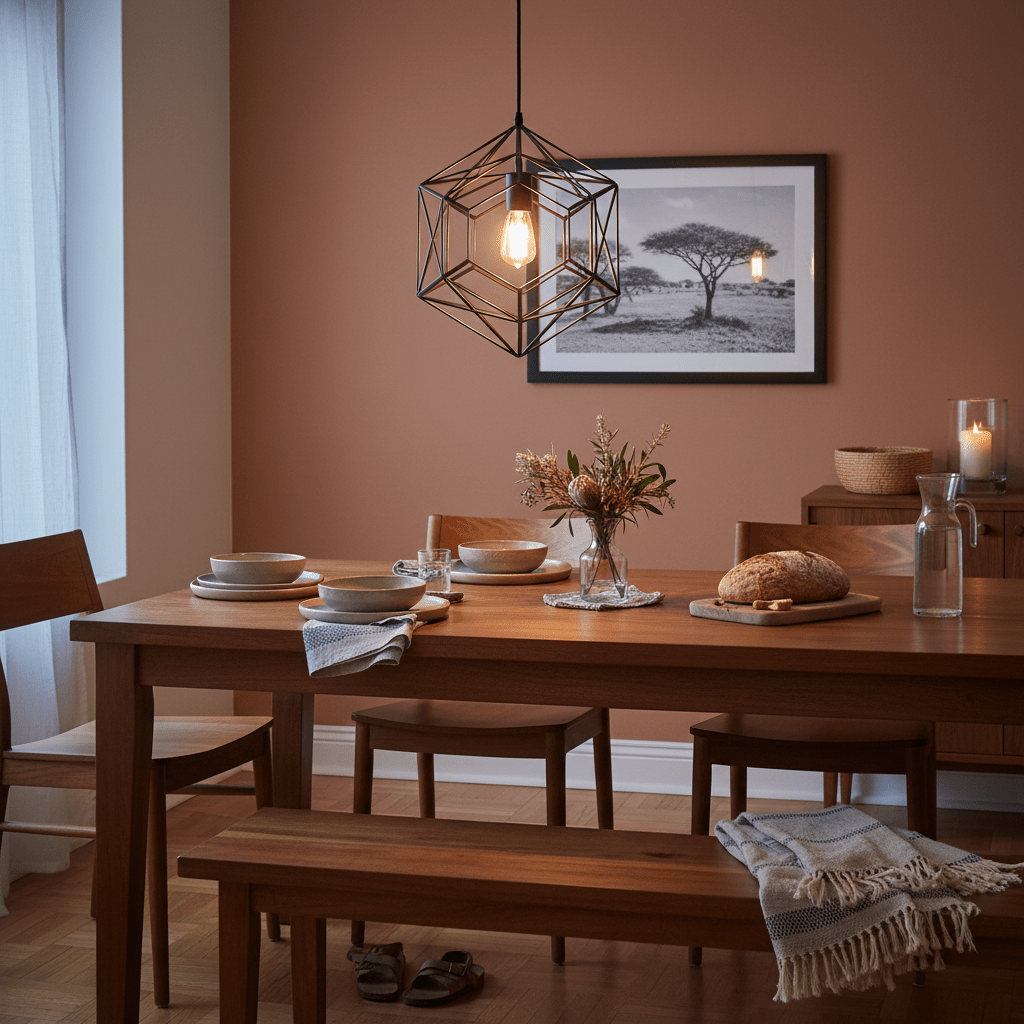 Black metal pendant light hanging over a wooden dining table set with plates and a loaf of bread.