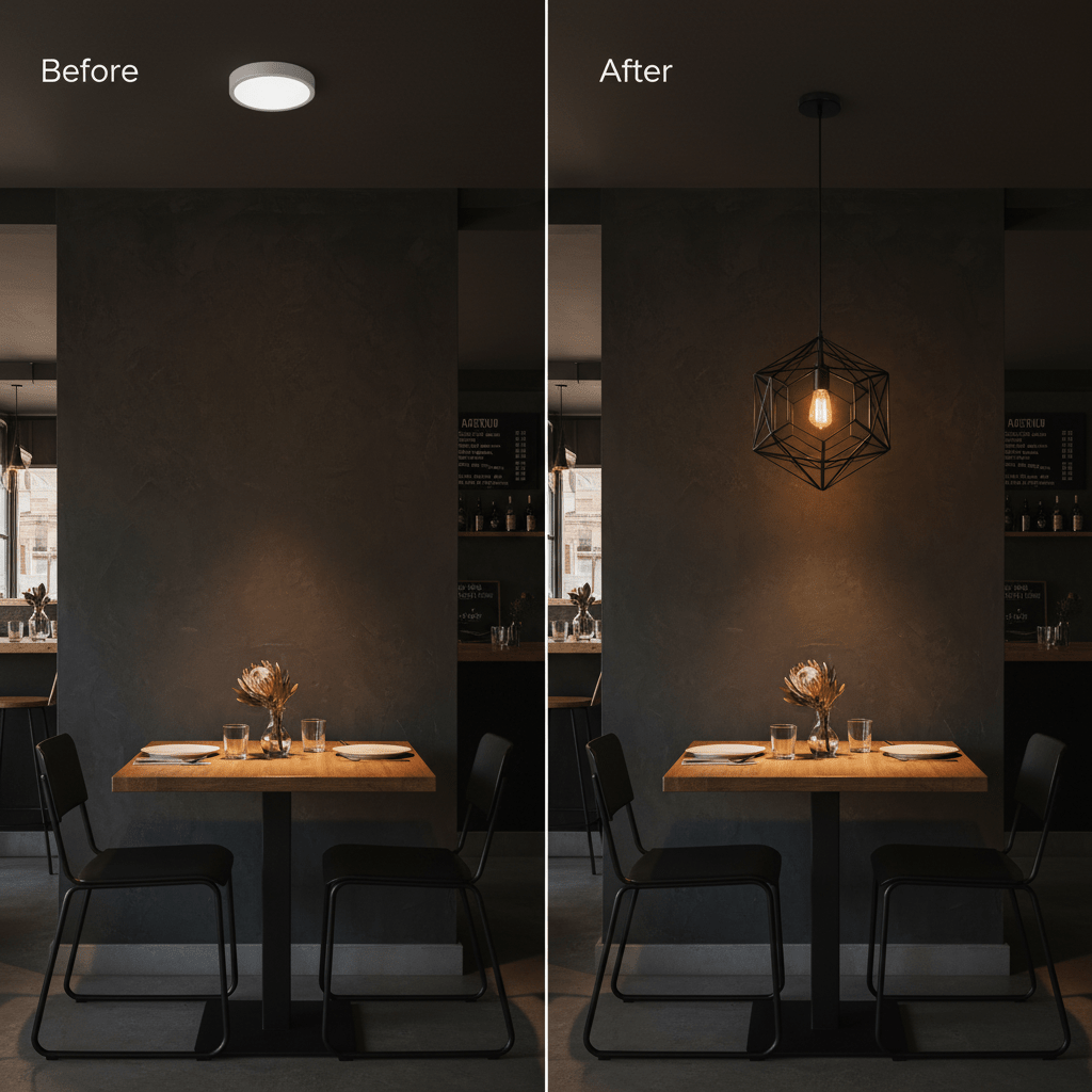 Before and after comparison of a dining table with a black metal pendant light above, showcasing improved ambiance.