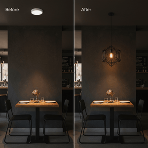 Before and after comparison of a dining table with a black metal pendant light above, showcasing improved ambiance.
