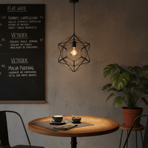 Black metal pendant light illuminating a wooden dining table set with coffee cups and a plant in the background.