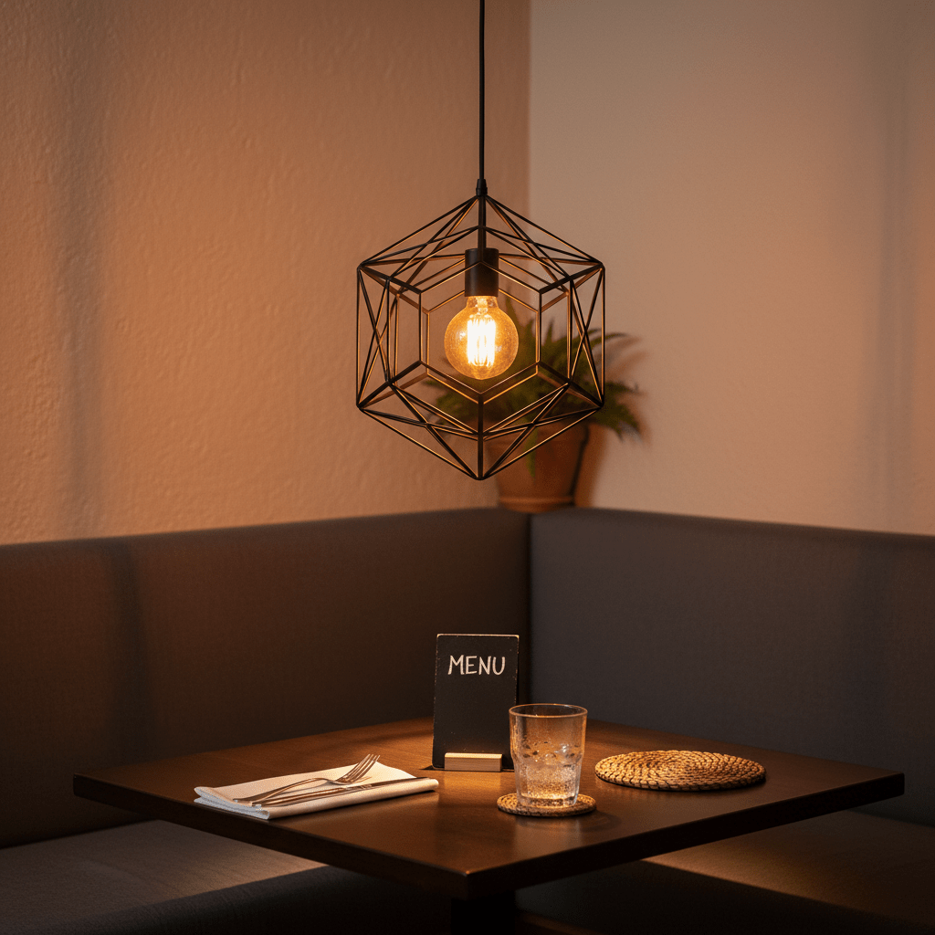 Black metal pendant light hanging above a dining table with a menu, glass, and cutlery.