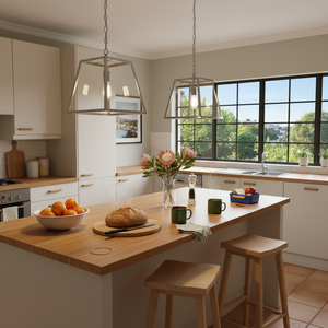 Stylish kitchen featuring polished chrome and clear glass pendant lights above a wooden island with fresh fruit and bread.
