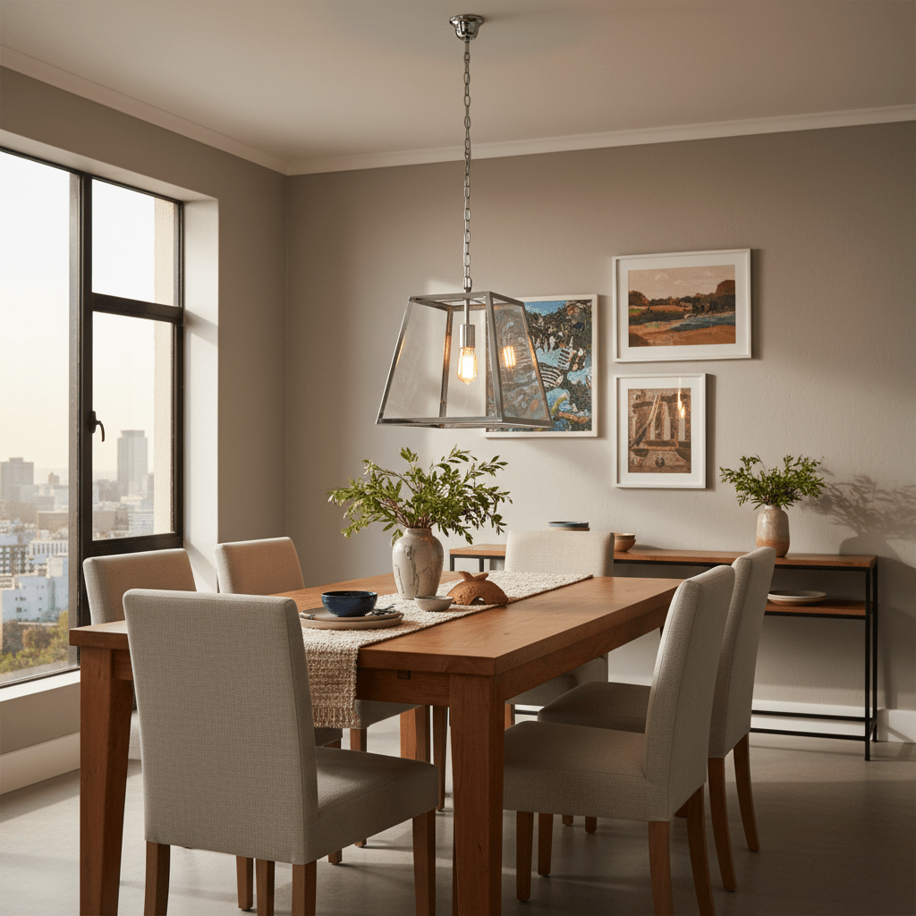 Polished chrome and clear glass pendant light hanging above a wooden dining table with chairs and decor.