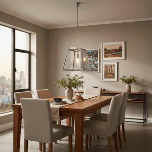 Polished chrome and clear glass pendant light hanging above a wooden dining table with chairs and decor.