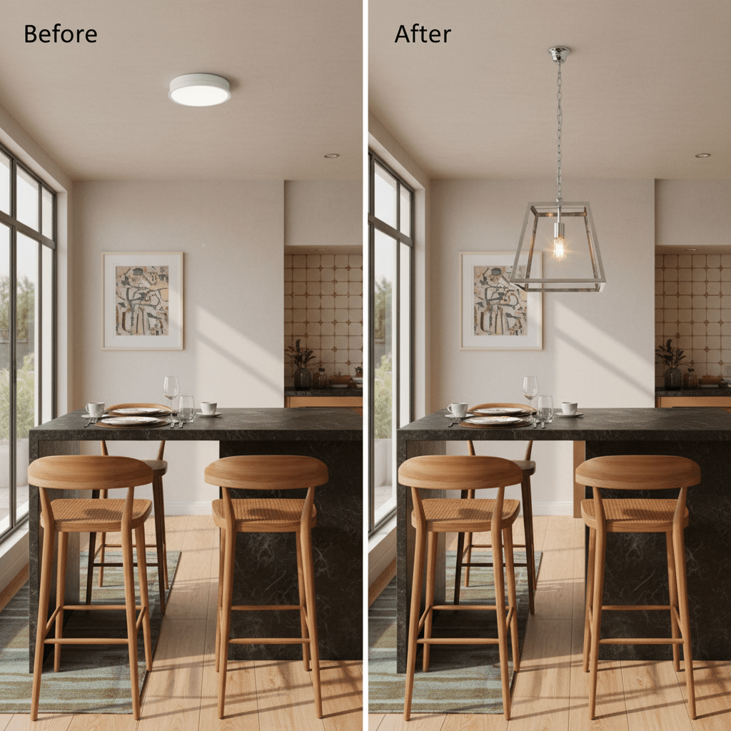 Before and after comparison of kitchen lighting, showcasing a polished chrome pendant light above a dining table.