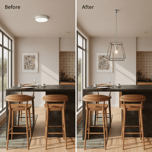 Before and after comparison of kitchen lighting, showcasing a polished chrome pendant light above a dining table.