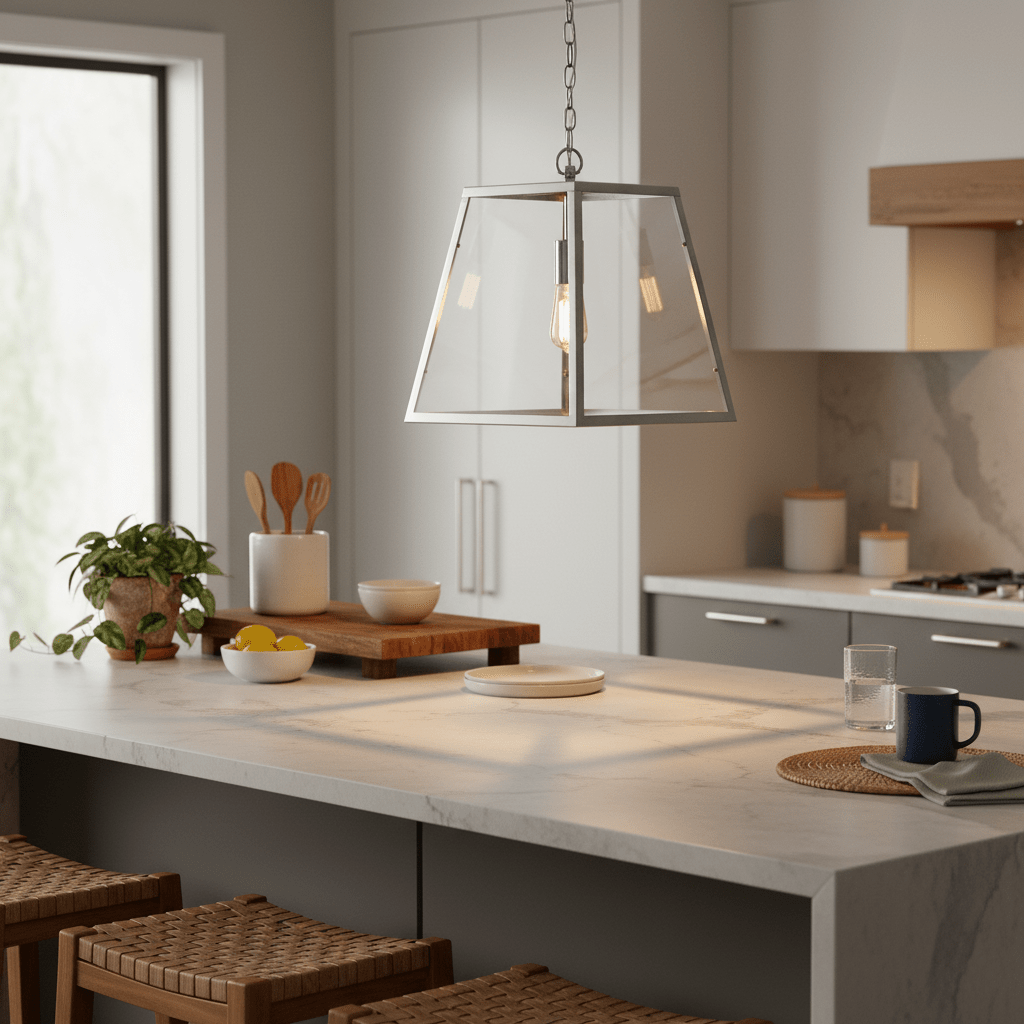 Polished chrome and clear glass pendant light hanging above a kitchen island with wooden accents.