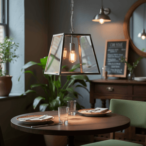 Polished chrome and clear glass pendant light hanging above a dining table set with plates and glasses.