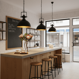 Three black and gold pendant lights hang above a wooden bar with stools, flowers, and coffee.