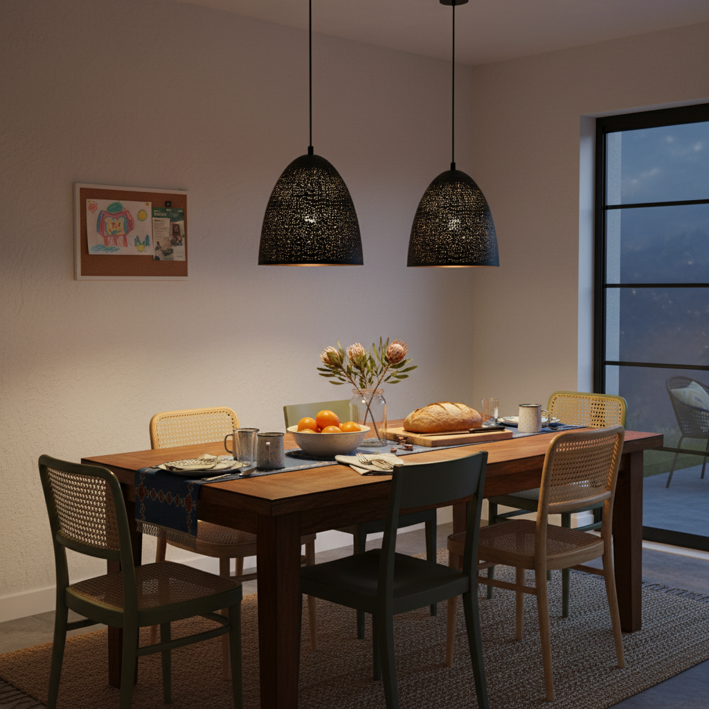 Two black metal pendant lights with perforated shades hang over a wooden dining table set with food and drinks.