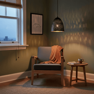 Black metal pendant light casting starry patterns above a cozy armchair with a warm throw and side table.