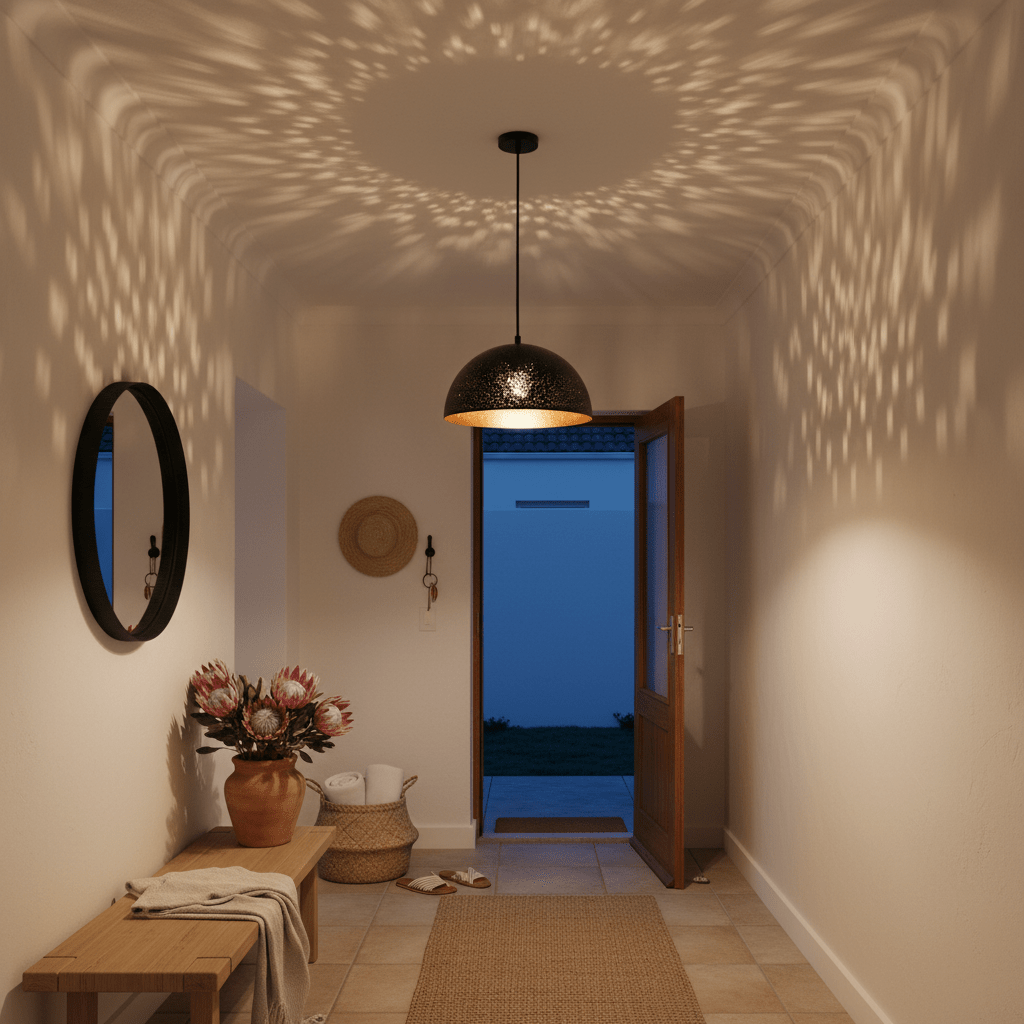 Black metal pendant light casting starry patterns on the wall in a cozy entryway.