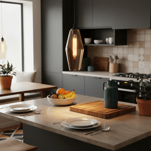 Amber glass pendant light hanging over a kitchen island with a bowl of fruit and dining setup.