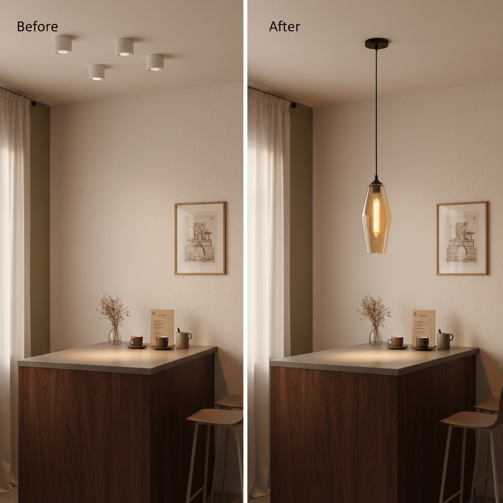 Before and after comparison of a kitchen space featuring an amber glass pendant light.