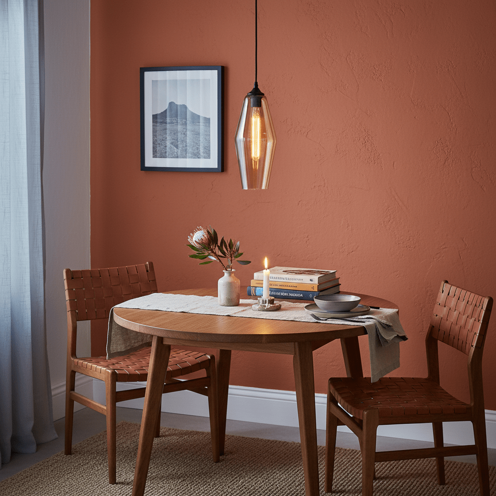 Amber glass pendant light hanging over a round wooden dining table with two chairs, books, and a candle.
