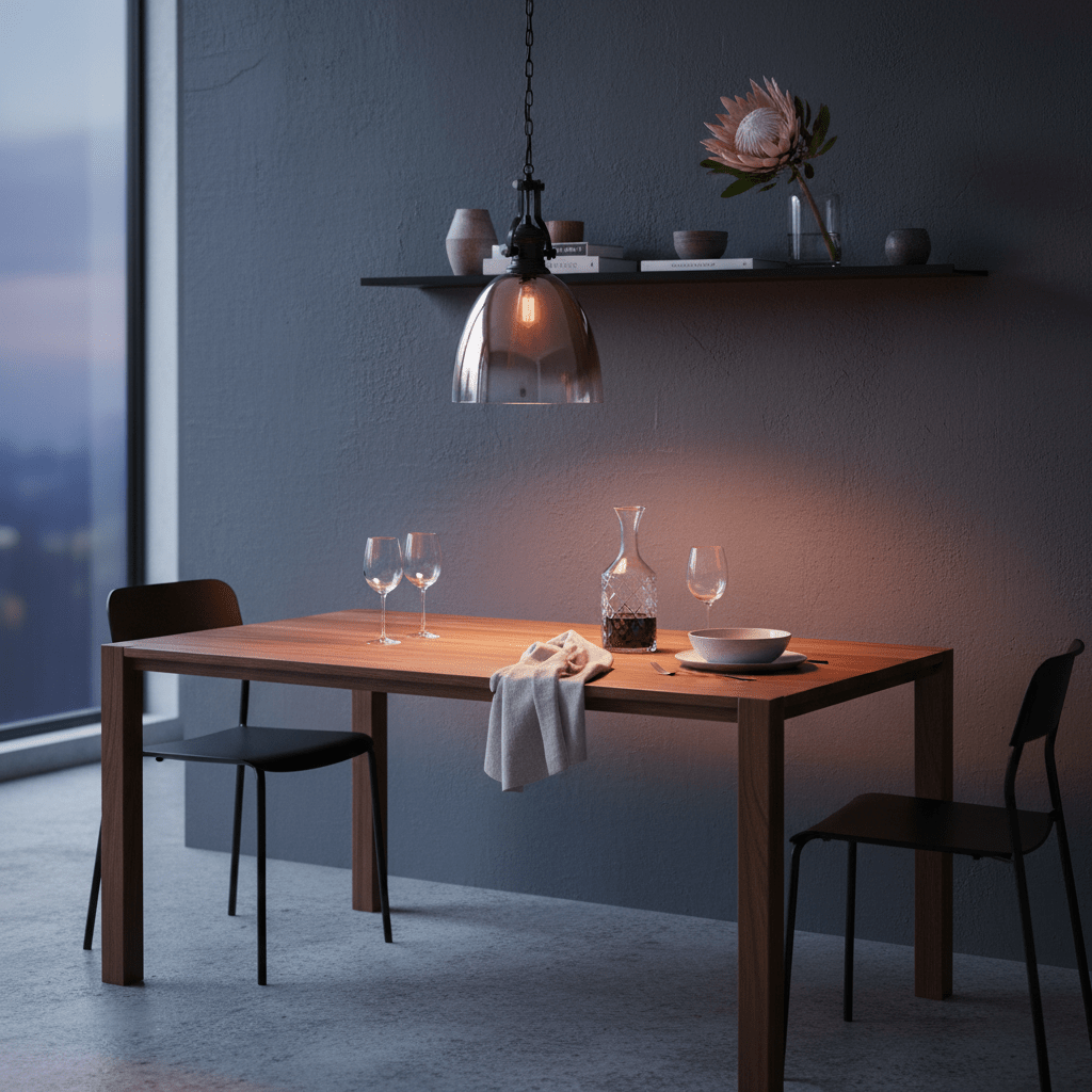 Black metal pendant light with faded rose gold glass shade hanging over a wooden dining table set for two.