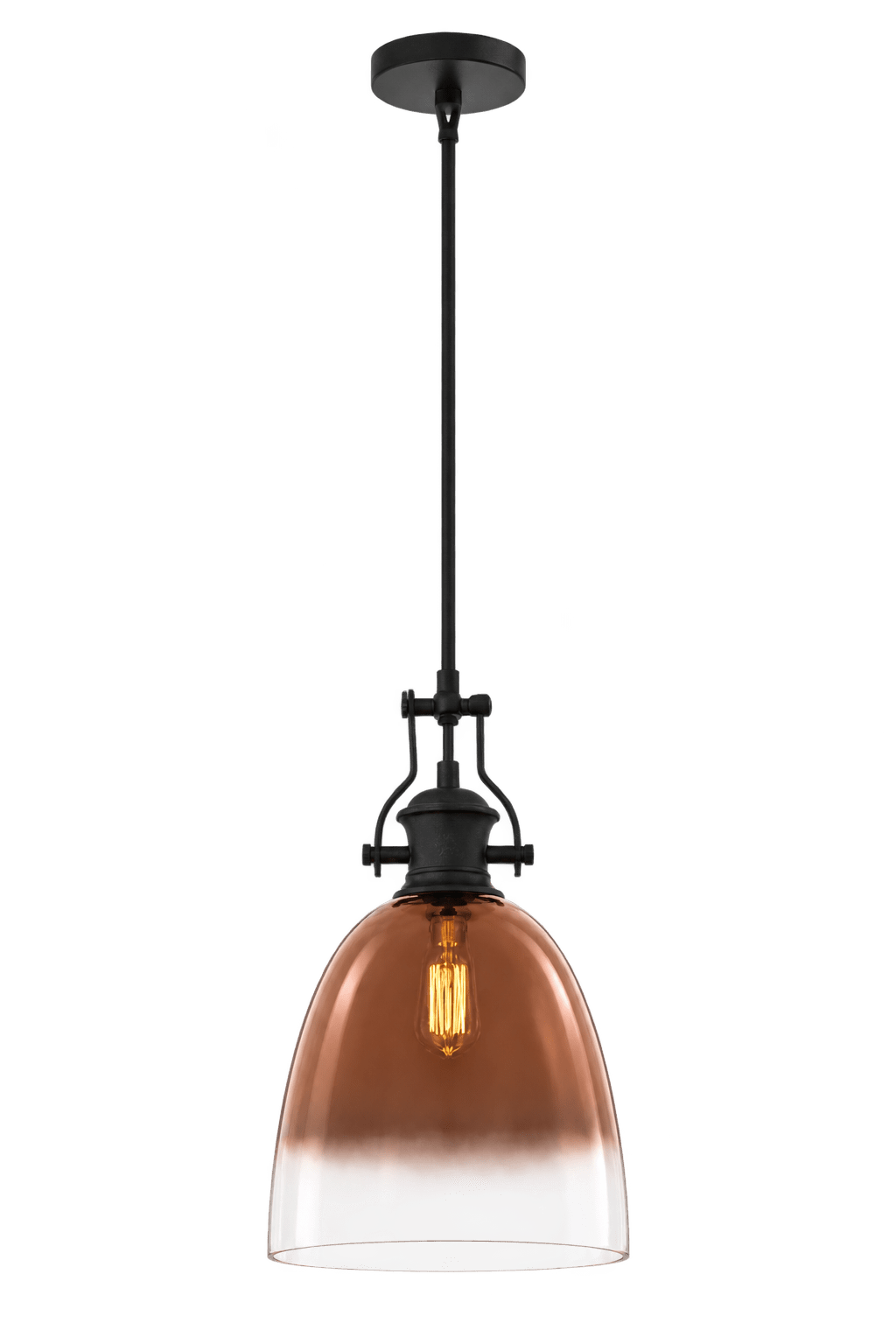 Black metal pendant with faded rose-gold glass shade and bulb on a transparent background