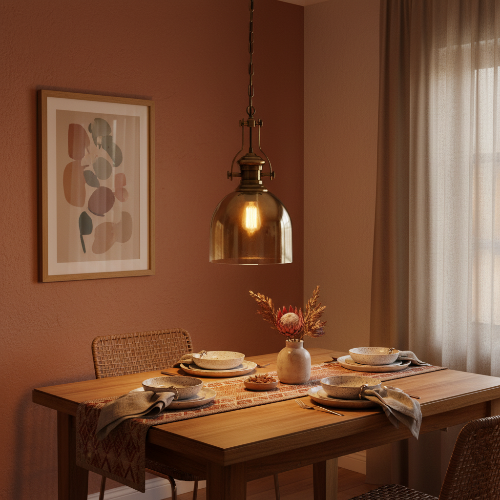 Satin brass pendant light hanging over a wooden dining table set with plates and a vase.