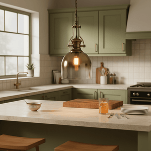 Satin brass pendant light with gold glass shade hanging over a kitchen island with a wooden cutting board and tableware.