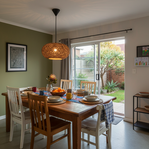 Twine Pendant 400mm hanging over a rustic dining table set with plates and fruit, creating a warm ambiance.