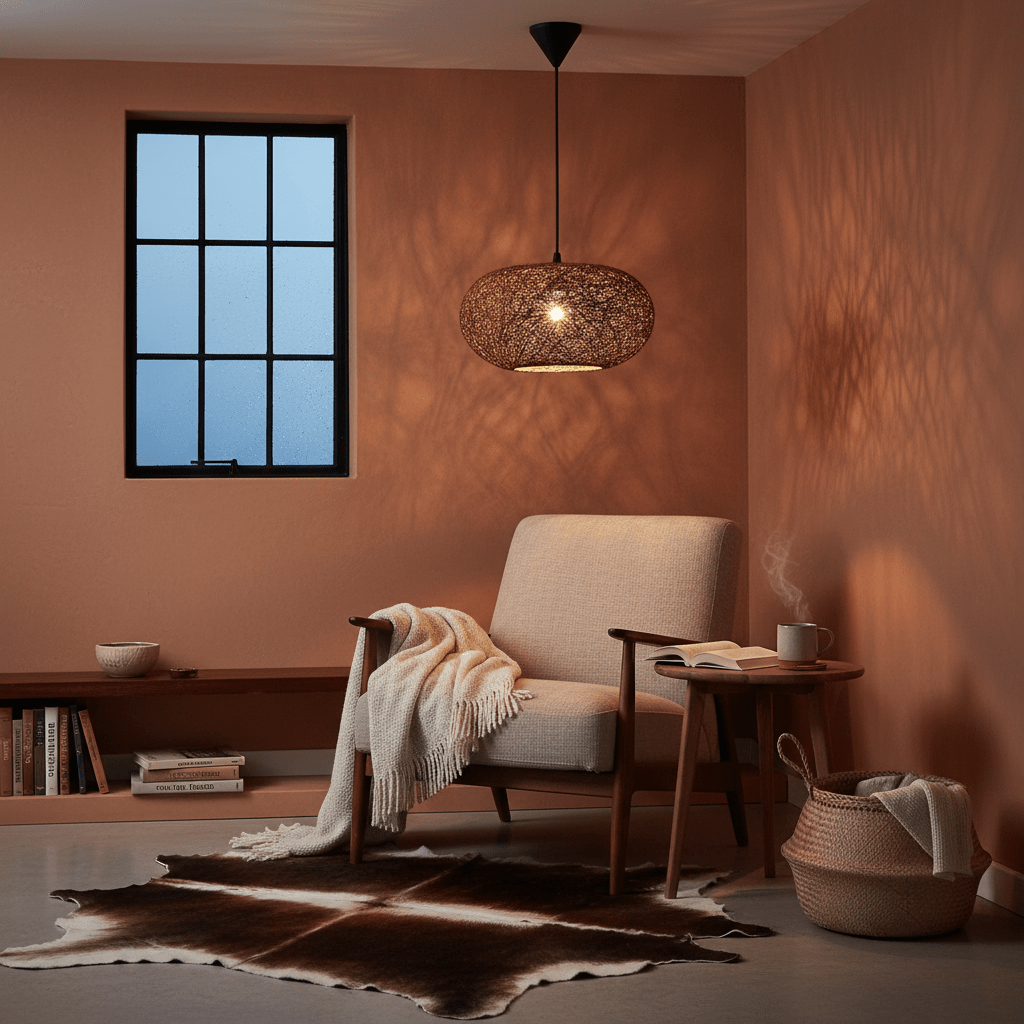 Cozy living space featuring the Twine Pendant light above a chair, casting warm shadows on the wall.
