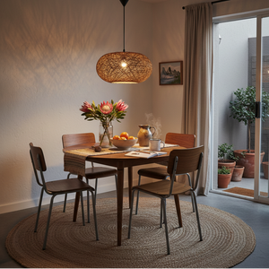 A cozy dining setup featuring the Twine Pendant light above a wooden table with flowers and fruit.