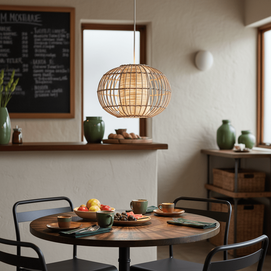Natural twine pendant light hanging above a dining table set with fruit and coffee cups.