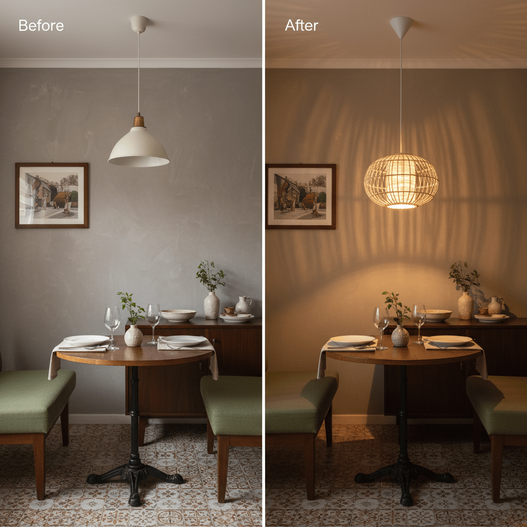 Before and after comparison of a dining area with a Twine Pendant Natural 320mm, showcasing warm lighting.