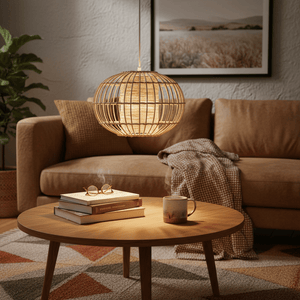 Twine Pendant Natural 320mm hanging above a coffee table with books and a mug, creating a cozy atmosphere.