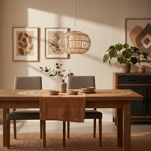 Natural twine pendant light hanging above a wooden dining table set with bowls and a vase.