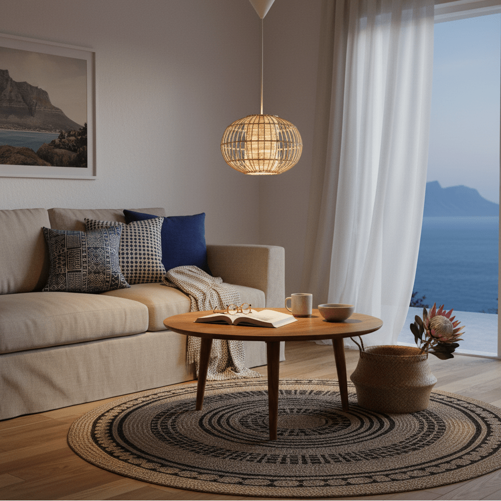 Twine Pendant Natural 320mm hanging above a wooden coffee table with books and decor in a cozy living room.
