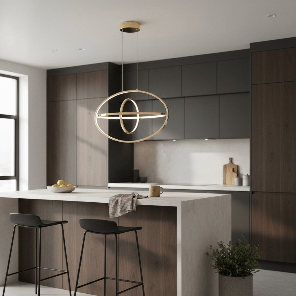 Sleek French Gold aluminium pendant light hanging above a modern kitchen island with bar stools.