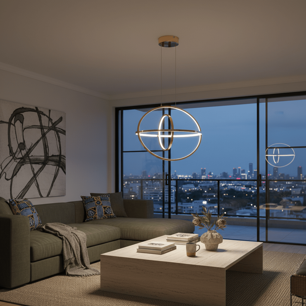 Sleek French Gold LED pendant light hanging above a modern lounge area with city view.